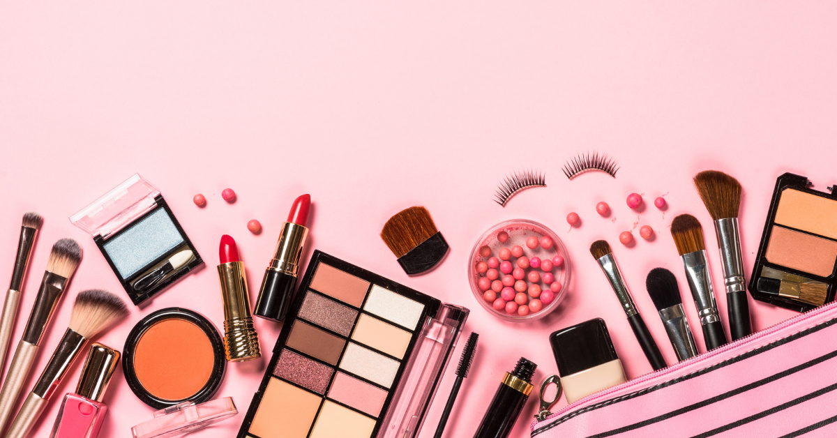 make-up products on a pink background